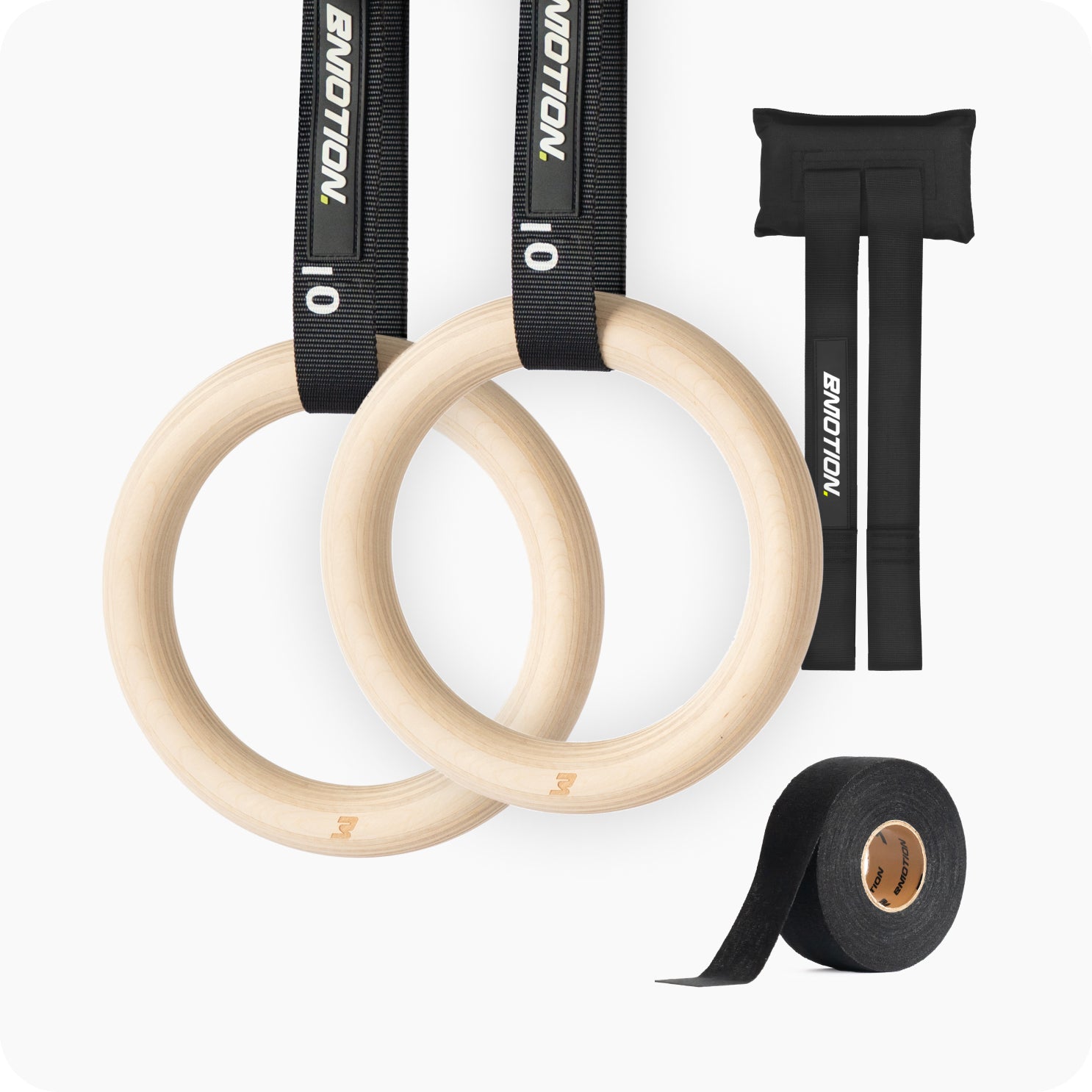 Bmotion Turnringe aus Holz mit Türanker, Grip Tape und Tragetasche – ideales Calisthenics Equipment für Training zu Hause oder unterwegs.