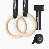 Bmotion Turnringe aus Holz mit Türanker, Grip Tape und Tragetasche – ideales Calisthenics Equipment für Training zu Hause oder unterwegs.