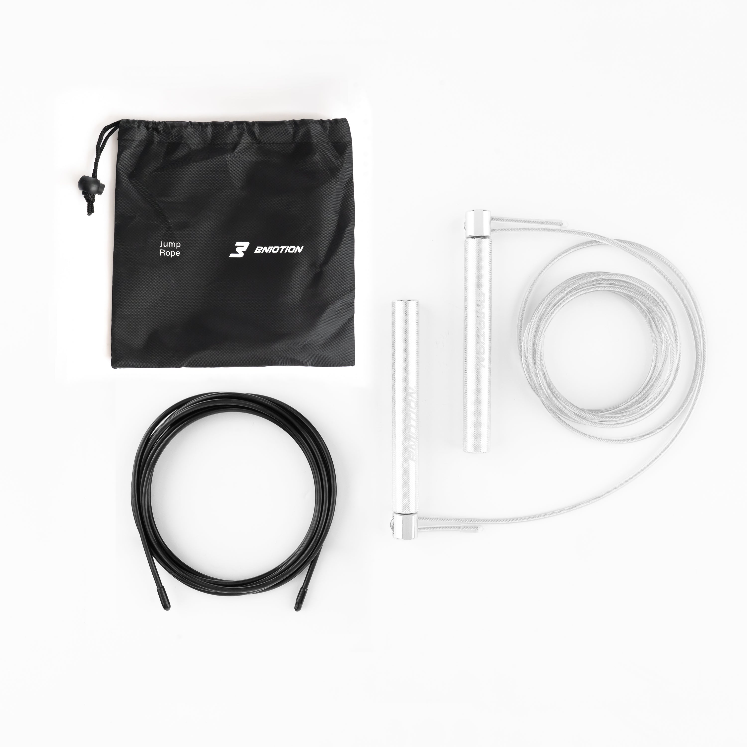 Bmotion Speedrope mit schwarzem PVC- und transparentem Stahlkabel – Top-View der austauschbaren Seiloptionen für individuelles Training.
