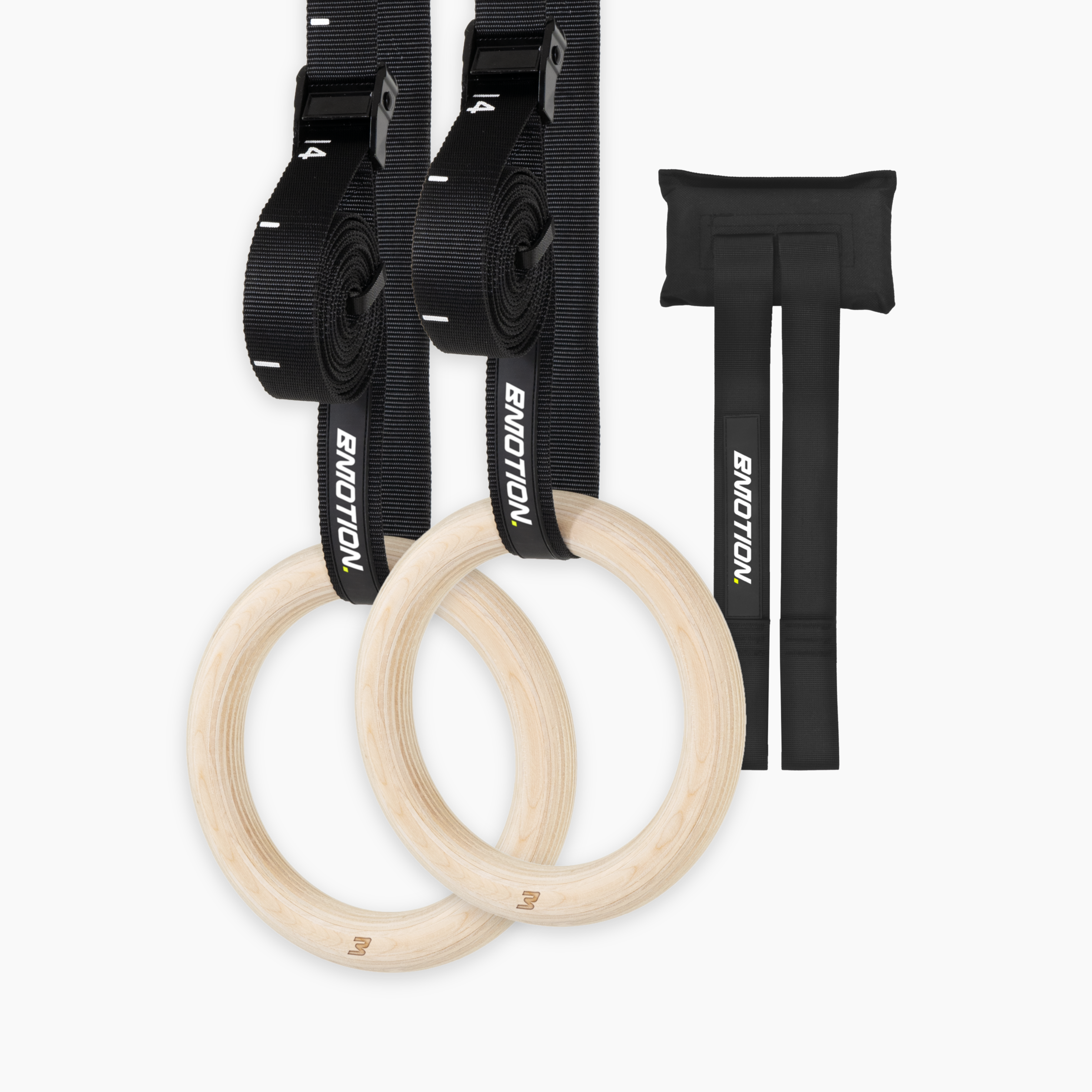 Bmotion Turnringe aus Holz mit schwarzen Gurten, Schnellverschluss und Türanker – ideales Set für Calisthenics, Krafttraining und Mobility-Workouts.